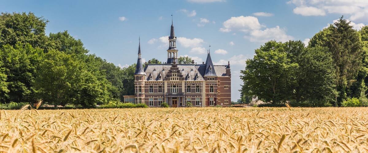 A large, historic building with multiple spires, surrounded by a wheat field and dense trees.