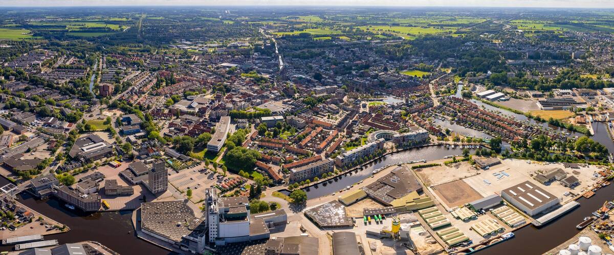 Aerial view of the old town of the city Meppel in the Netherlands on a sunny day in summer