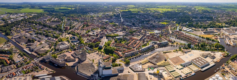 Aerial view of the old town of the city Meppel in the Netherlands on a sunny day in summer
