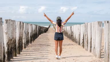Beach poles on the beach of Domburg, Zeeland, the Netherlands during summer. Happy women with hands up on the beach during vacation