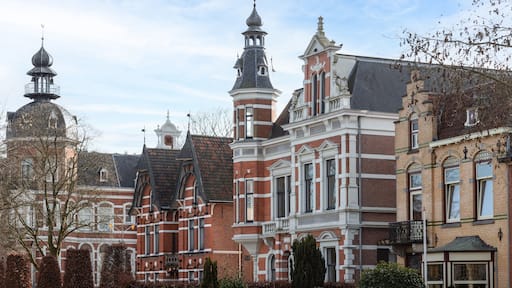 Historic buildings with different facades in the center of the Dutch town of Oss.