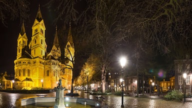 Une église historique, dotée de plusieurs flèches, illuminée la nuit, et entourée de rues pavées et d’arbres.