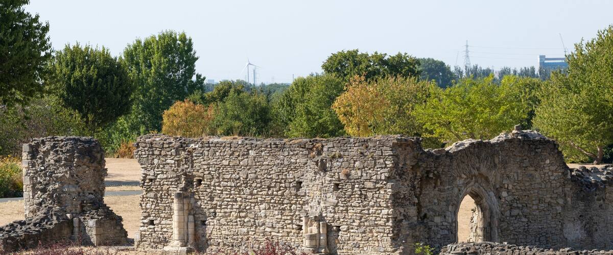 Ancient stone ruins with arches and columns, surrounded by greenery and trees.