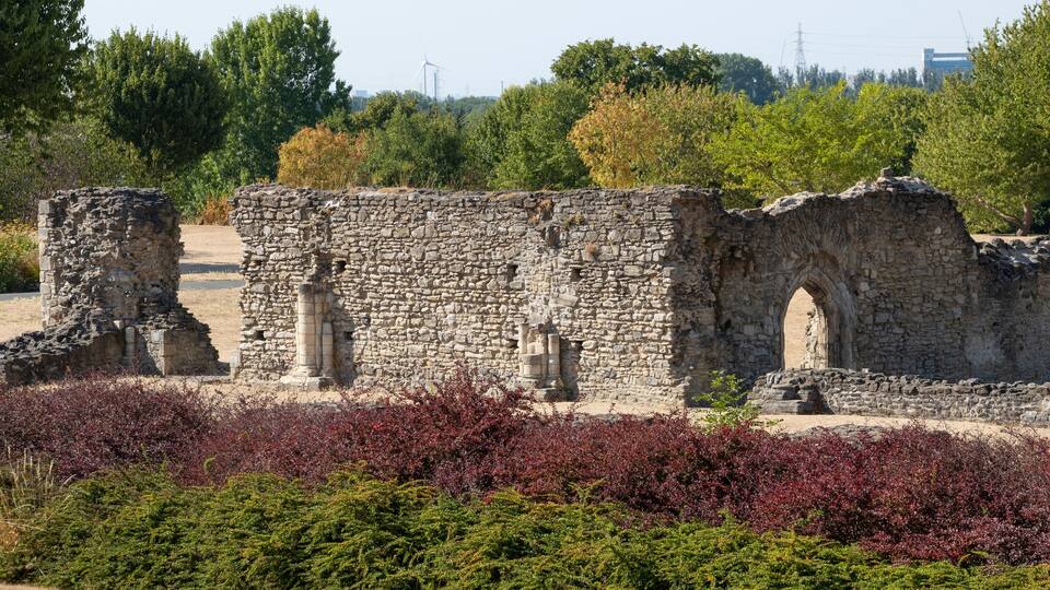 Ancient stone ruins with arches and columns, surrounded by greenery and trees.