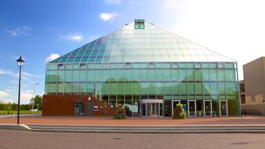 A modern glass building with a triangular roof, surrounded by a brick pathway and small flower beds.