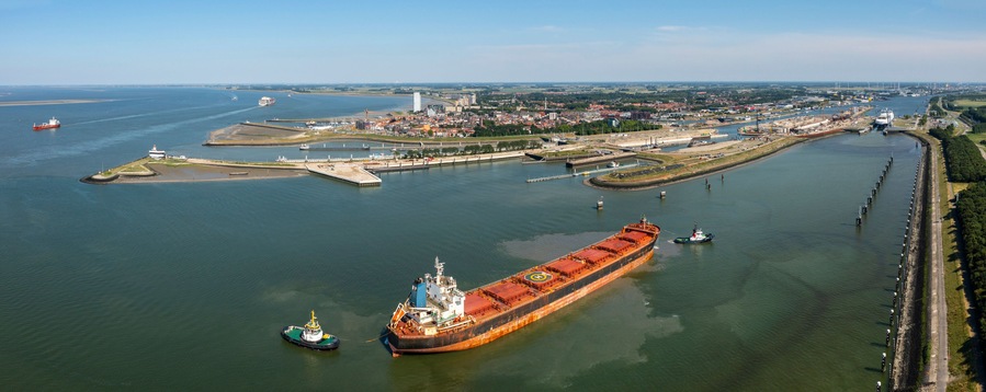 Cargo container sailing on Ghent?Terneuzen in Netherlands
