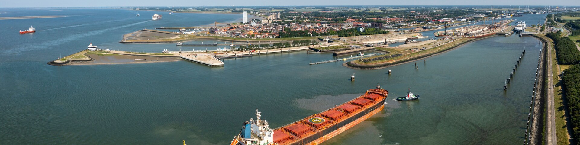 Cargo container sailing on Ghent?Terneuzen in Netherlands