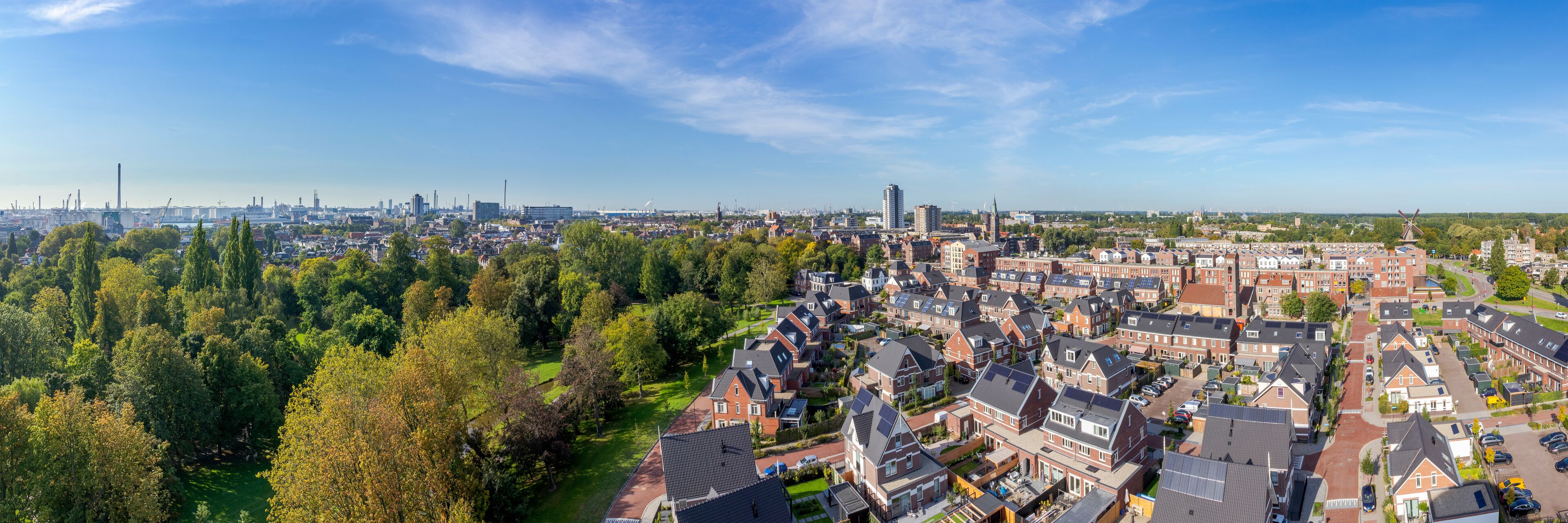 Vlaardingen, The Netherlands - septemberr 2019: Panoramic view of the town of Vlaardingen from the old water tower, Buitenplaats Van Ruytenburch
