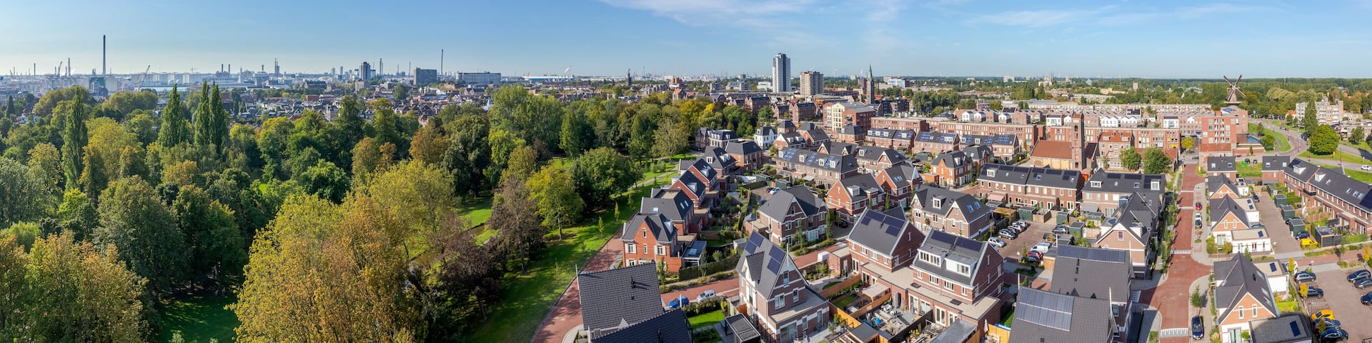 Vlaardingen, The Netherlands - septemberr 2019: Panoramic view of the town of Vlaardingen from the old water tower, Buitenplaats Van Ruytenburch