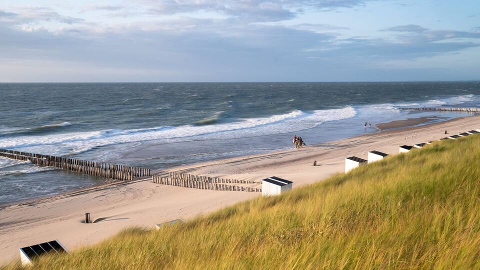 A beach with a wooden jetty, grassy dunes, and a clear sky.