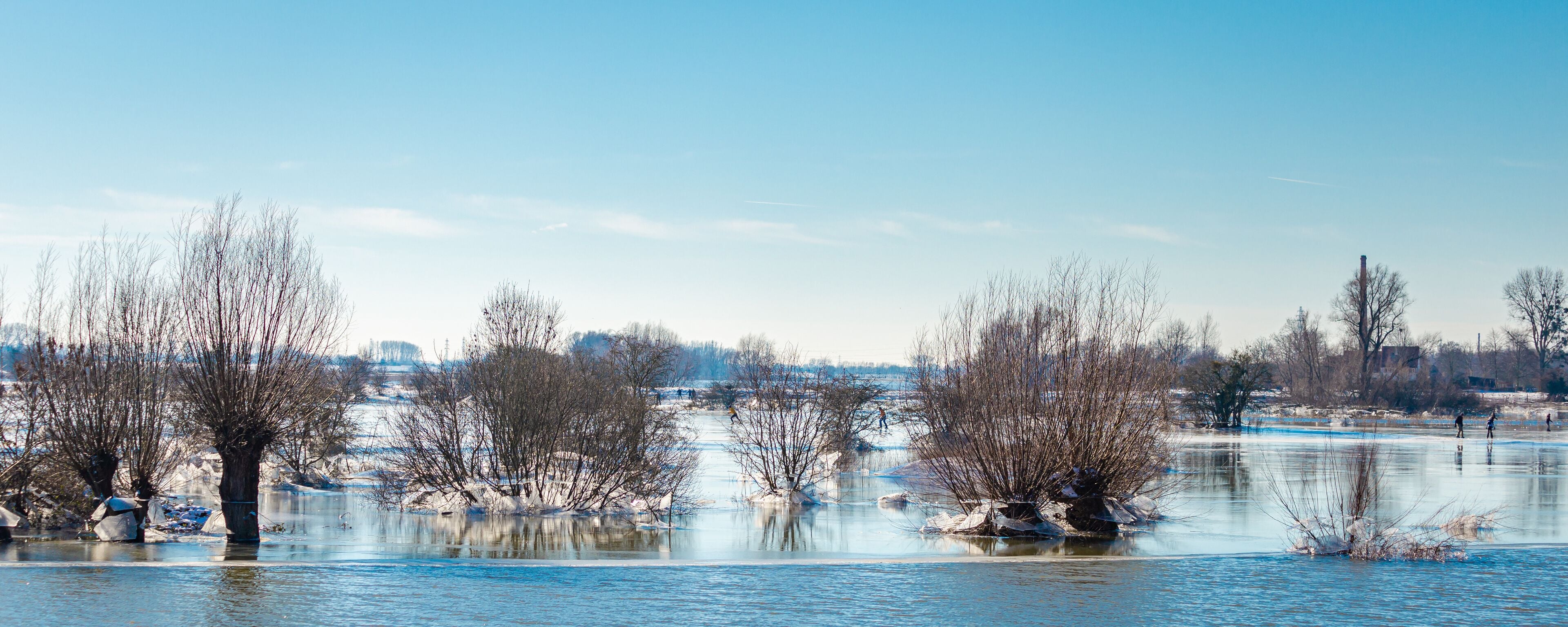 Frozen floodplains in the Netherlands during winter