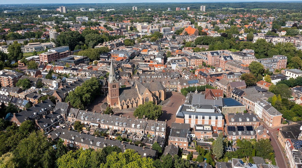 Zona urbana densamente construida con arquitectura histórica, incluyendo una iglesia destacada con un campanario alto, rodeada de edificios residenciales y zonas verdes.