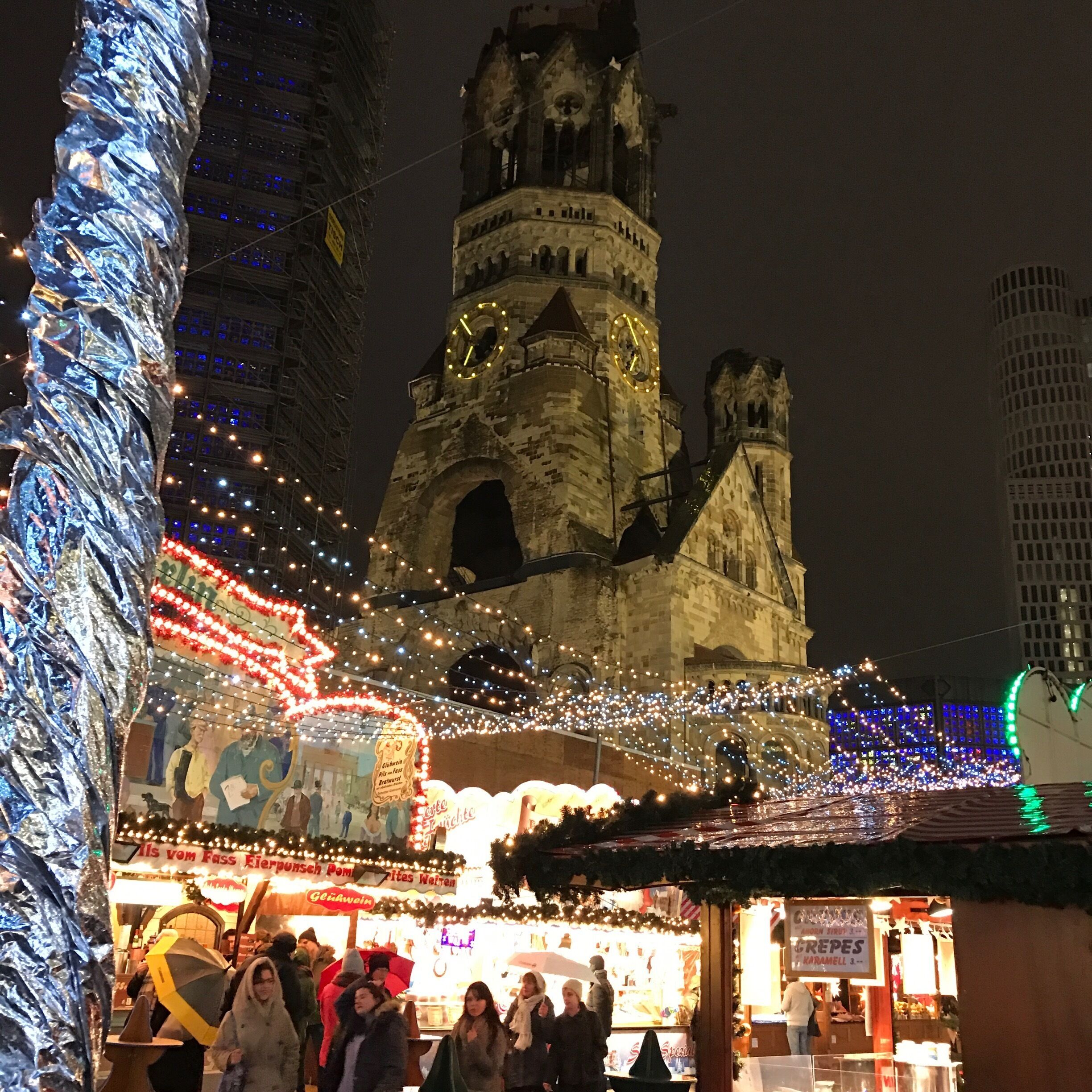 A view of the Christmas Market at the foot of emperor Wilhelm's cathedral, Berlin.