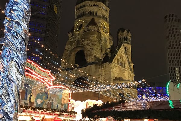A view of the Christmas Market at the foot of emperor Wilhelm's cathedral, Berlin.