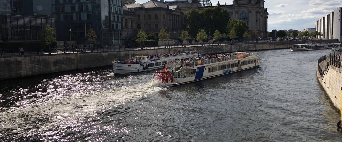 View of the Spree River with Reichstag Dome in Berlin, Germany. (09/2018)