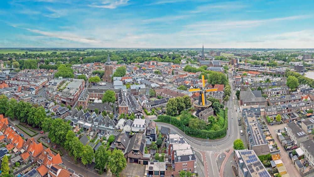 Aerial panorama from the historical city Woerden in the Netherlands