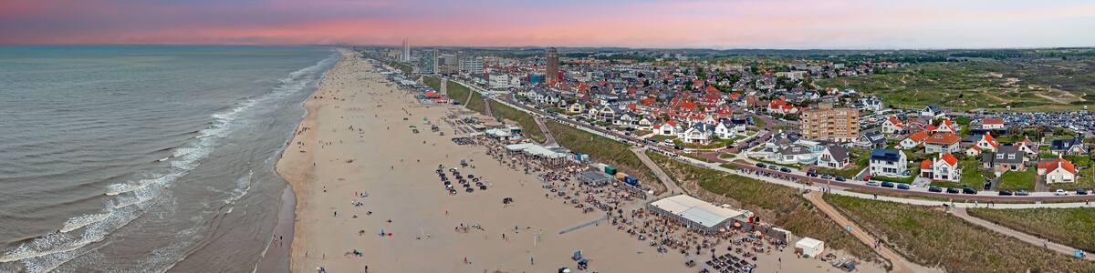 Aerial panorama from the beach at Zandvoort at the North Sea in the Netherlands at sunset