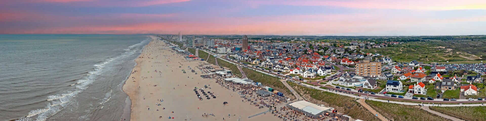 Aerial panorama from the beach at Zandvoort at the North Sea in the Netherlands at sunset