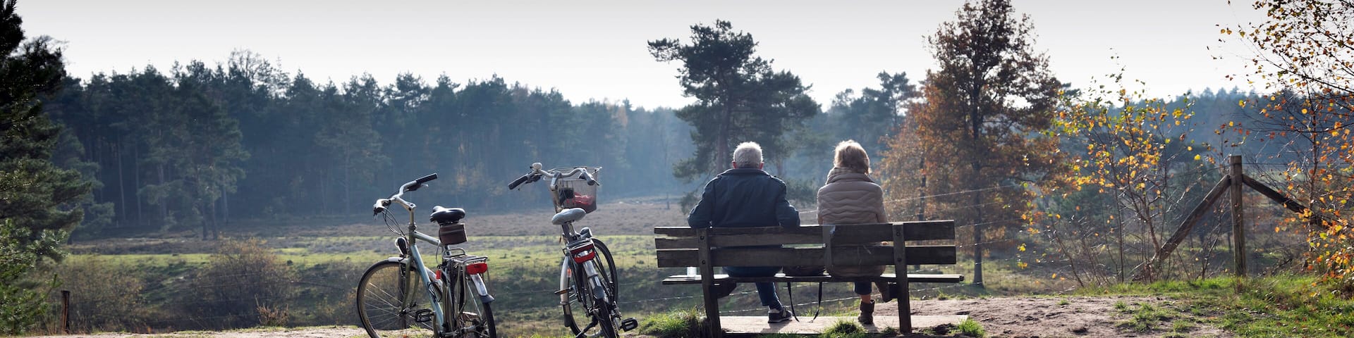 couple on bench resting from bicycle trip in autumn forest near Zeist in holland
