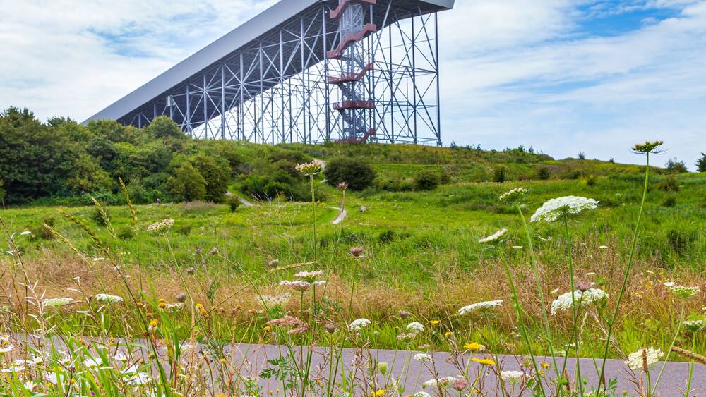Ein großzügiges, modernes Gebäude mit gewölbter Dachkonstruktion, umgeben von üppiger Vegetation und blauem Himmel.