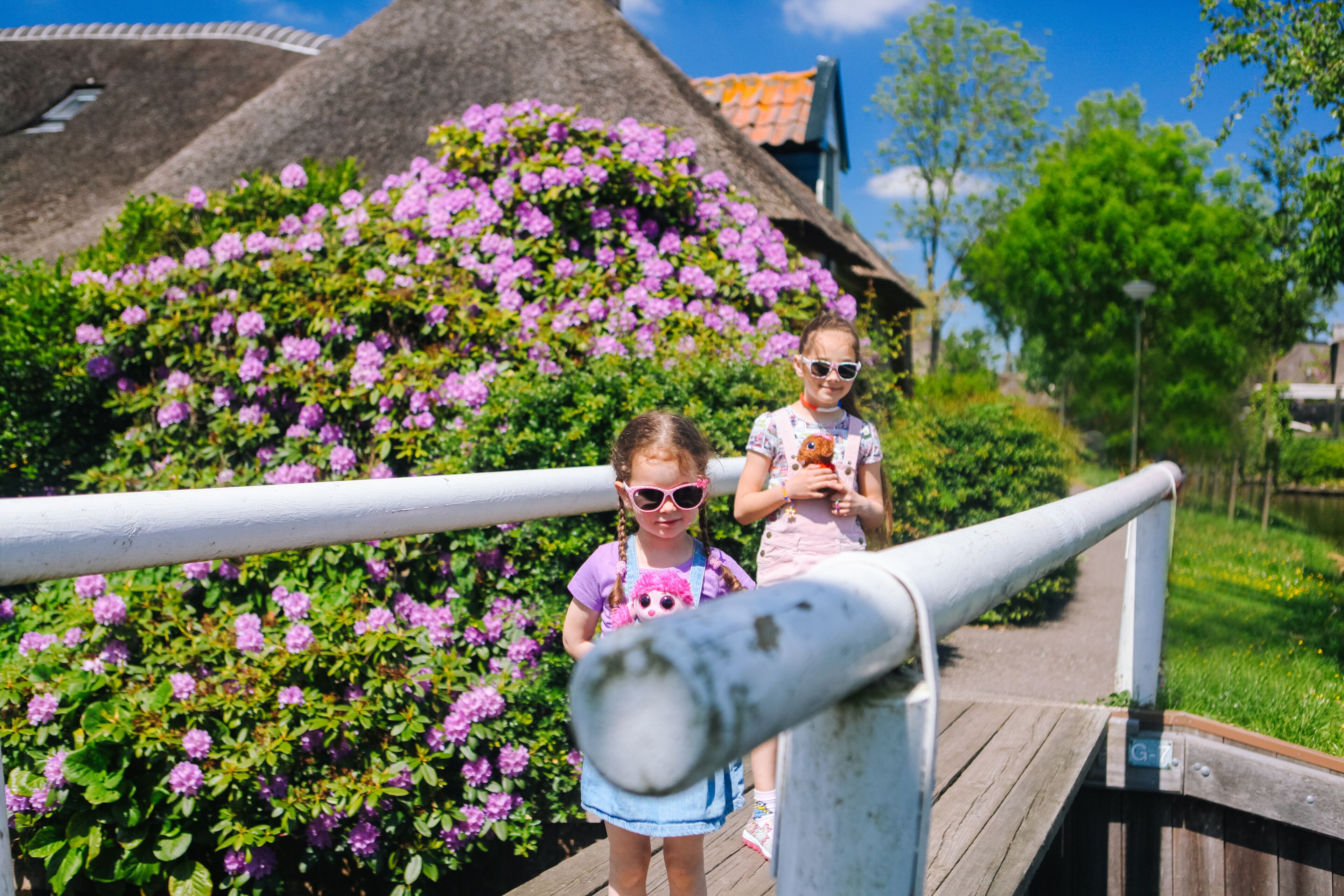View of famous typical Dutch village Giethoorn with canals. Two girls walk across the bridge. The beautiful Traditional Dutch House and gardening city is know as "Venice of the North".