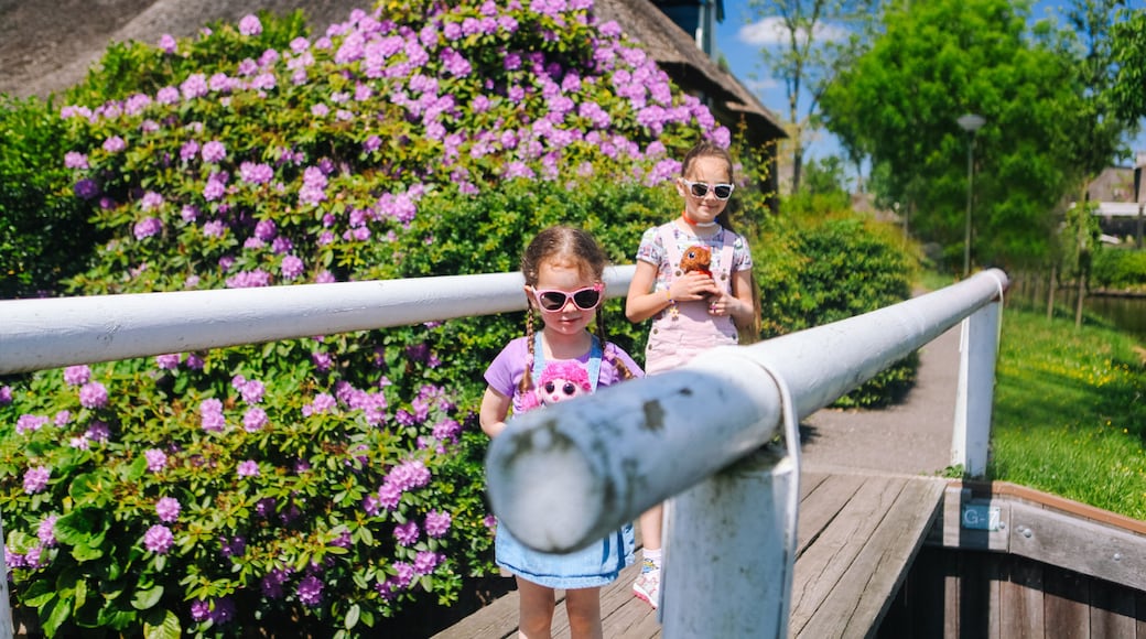 View of famous typical Dutch village Giethoorn with canals. Two girls walk across the bridge. The beautiful Traditional Dutch House and gardening city is know as "Venice of the North".