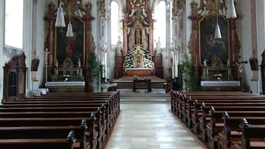An ornate church interior with a central altar, pews, and detailed frescoes on the ceiling.