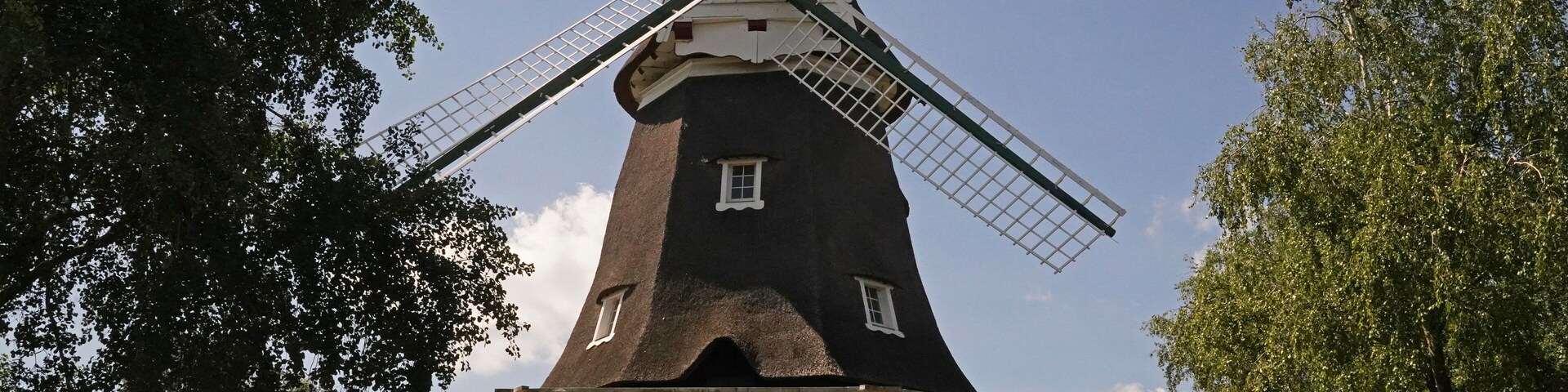 A traditional windmill with four sails, surrounded by lush greenery and trees.