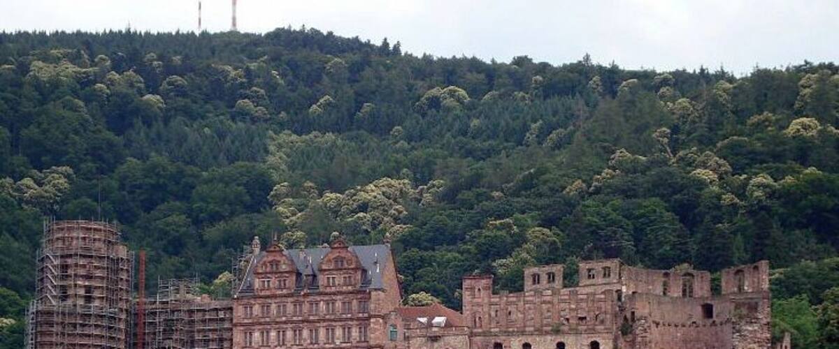 A historic castle with a large central building and surrounding walls, set against a forested hillside.