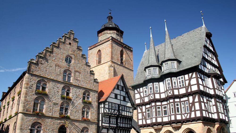 Historic center of the german city Alsfeld with Weinhaus, Church Walpurgiskirche and town hall; Shutterstock ID 45701830