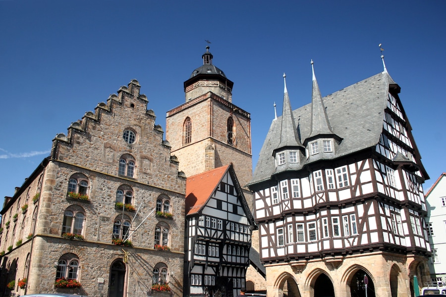 Historic center of the german city Alsfeld with Weinhaus, Church Walpurgiskirche and town hall; Shutterstock ID 45701830