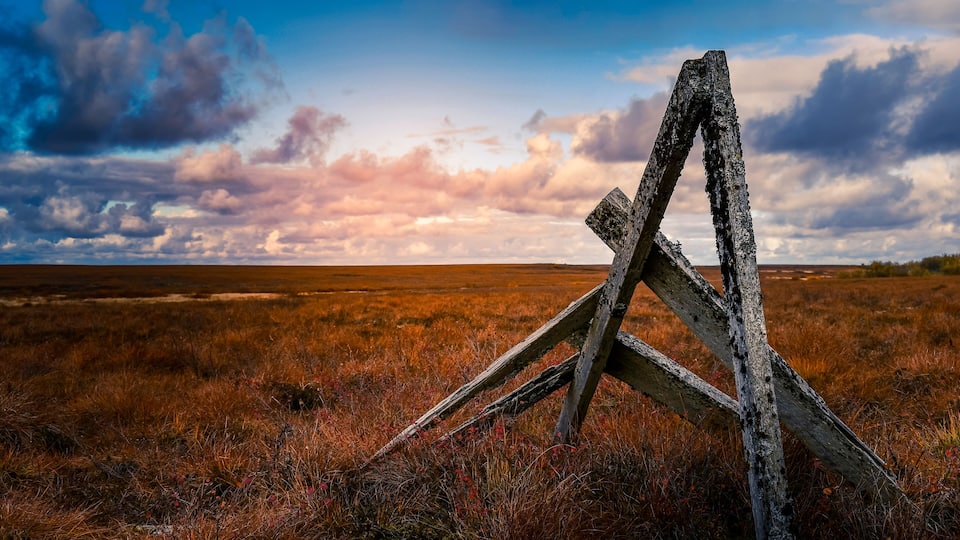 A wooden structure in a field with a sunset sky.