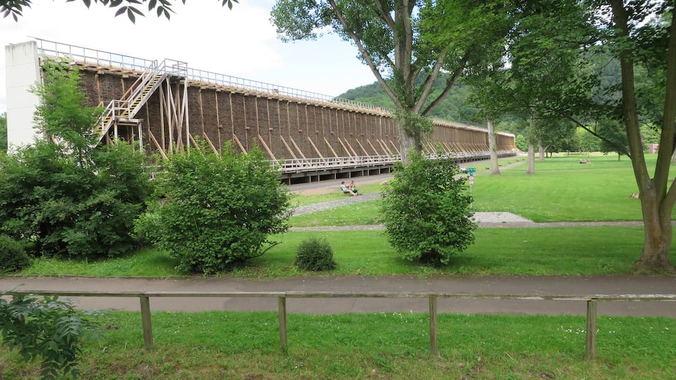 A large building with a staircase and a bridge, surrounded by green trees and grass.