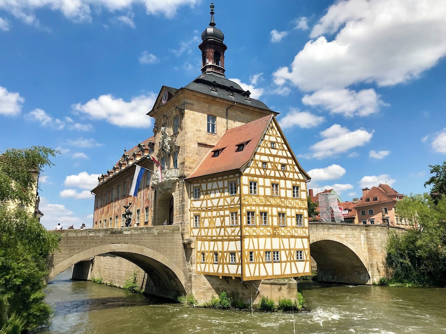 Historical city hall of Bamberg on the Obere bridge across the River Regnitz.