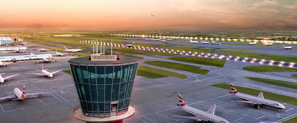 London featuring landscape views, aircraft and a sunset