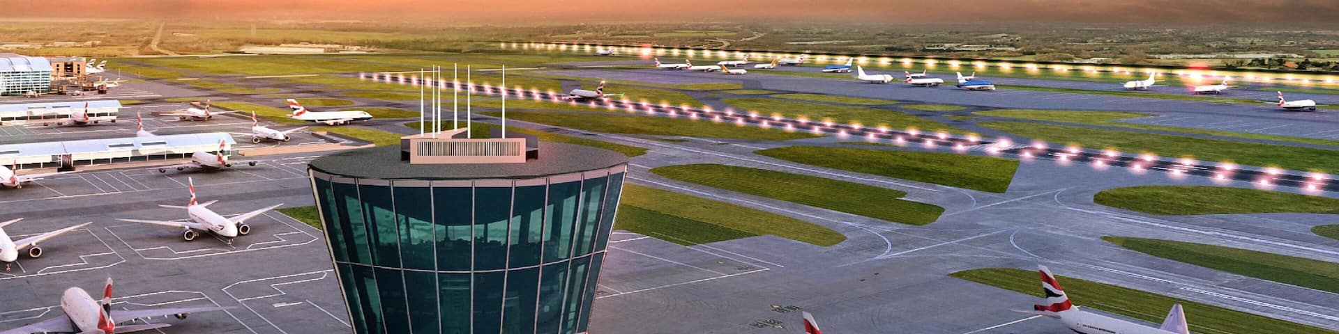 London featuring landscape views, aircraft and a sunset