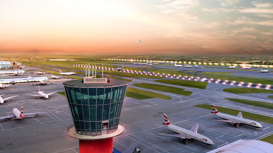 London featuring landscape views, aircraft and a sunset