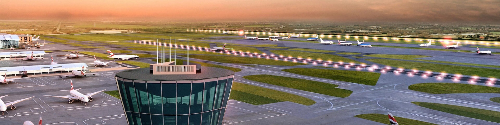 London featuring landscape views, aircraft and a sunset