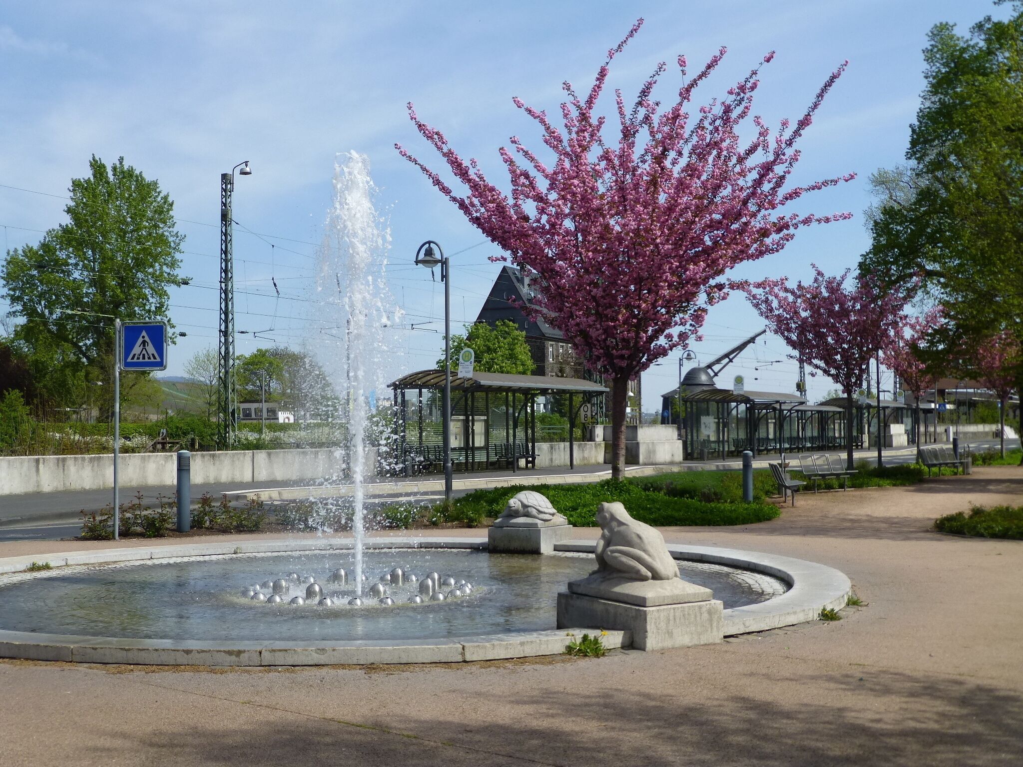 Una fuente, un árbol de flores rosas y una escultura de piedra en un parque.
