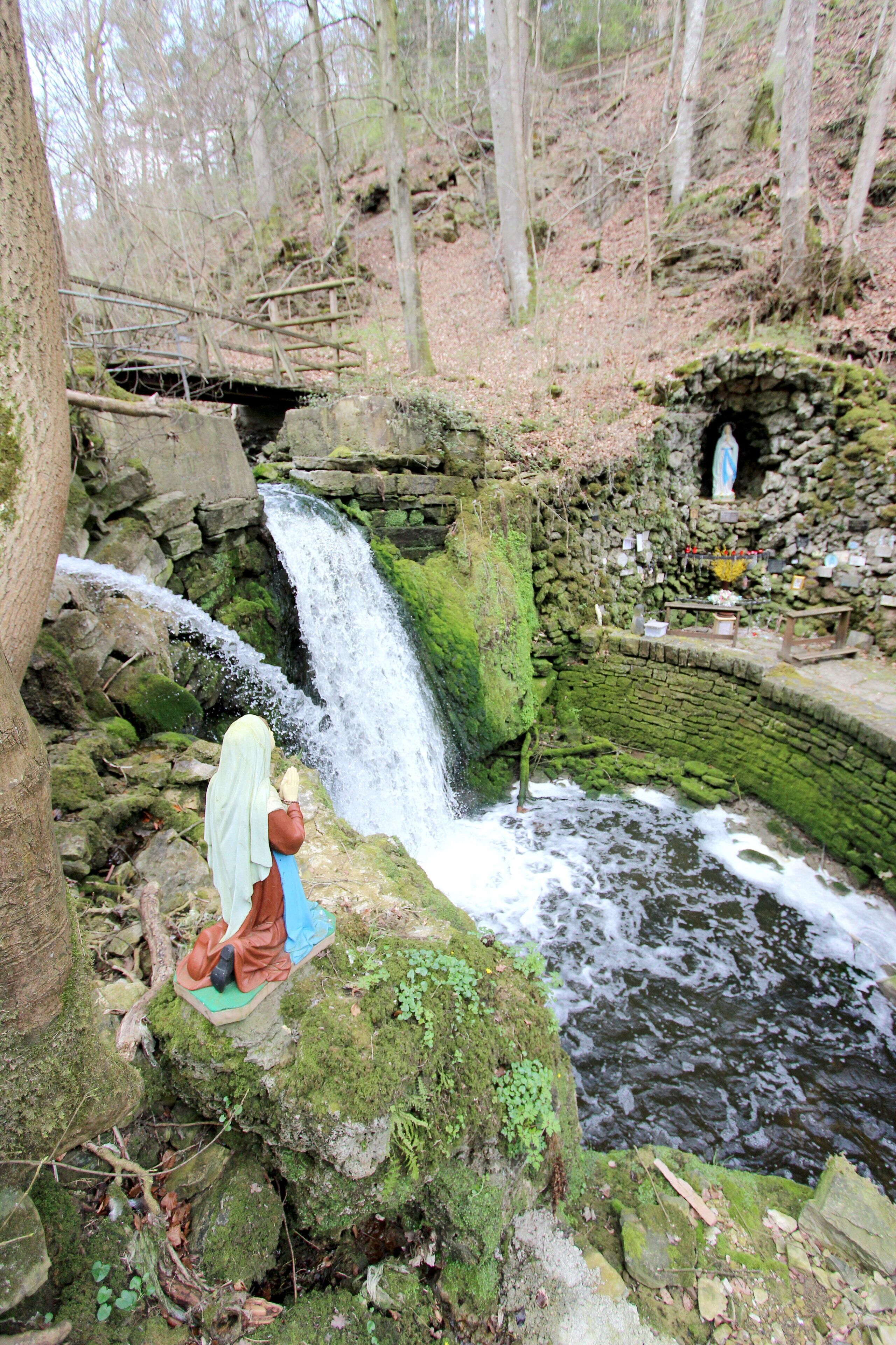 54634 Bitburg, westlich von Albach, Gewann Im gebrannten Berg. 2,5 Kilometer östlich von Bitburg erstreckt sich, zu beiden Seiten von hohen bewaldeten Hängen begleitet, eine Kalkschlucht, das Albachtal, das dem durchfließenden Albach seinen Namen verdankt. Der Bach bildet nicht weit vom Eintritt in das Tal einen schönen Wasserfall. Treppen von Natursteinen führen zu ihm hinab. Pfade durchziehen das stets feuchte Tal. Weiter unten ist die Albachschlucht erweitert. Dort stürzt das Wasser abermals als Wasserfall herab. Neben dem Wasserfall gibt es eine Mariengrotte. Aufnahme von 2018.