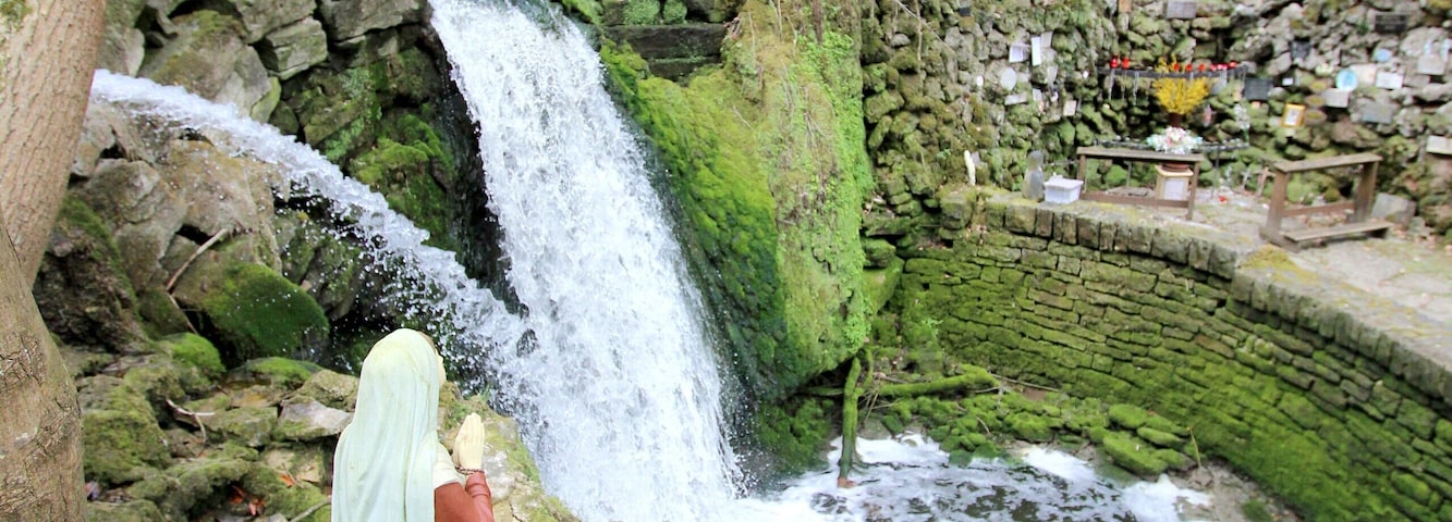 54634 Bitburg, westlich von Albach, Gewann Im gebrannten Berg. 2,5 Kilometer östlich von Bitburg erstreckt sich, zu beiden Seiten von hohen bewaldeten Hängen begleitet, eine Kalkschlucht, das Albachtal, das dem durchfließenden Albach seinen Namen verdankt. Der Bach bildet nicht weit vom Eintritt in das Tal einen schönen Wasserfall. Treppen von Natursteinen führen zu ihm hinab. Pfade durchziehen das stets feuchte Tal. Weiter unten ist die Albachschlucht erweitert. Dort stürzt das Wasser abermals als Wasserfall herab. Neben dem Wasserfall gibt es eine Mariengrotte. Aufnahme von 2018.