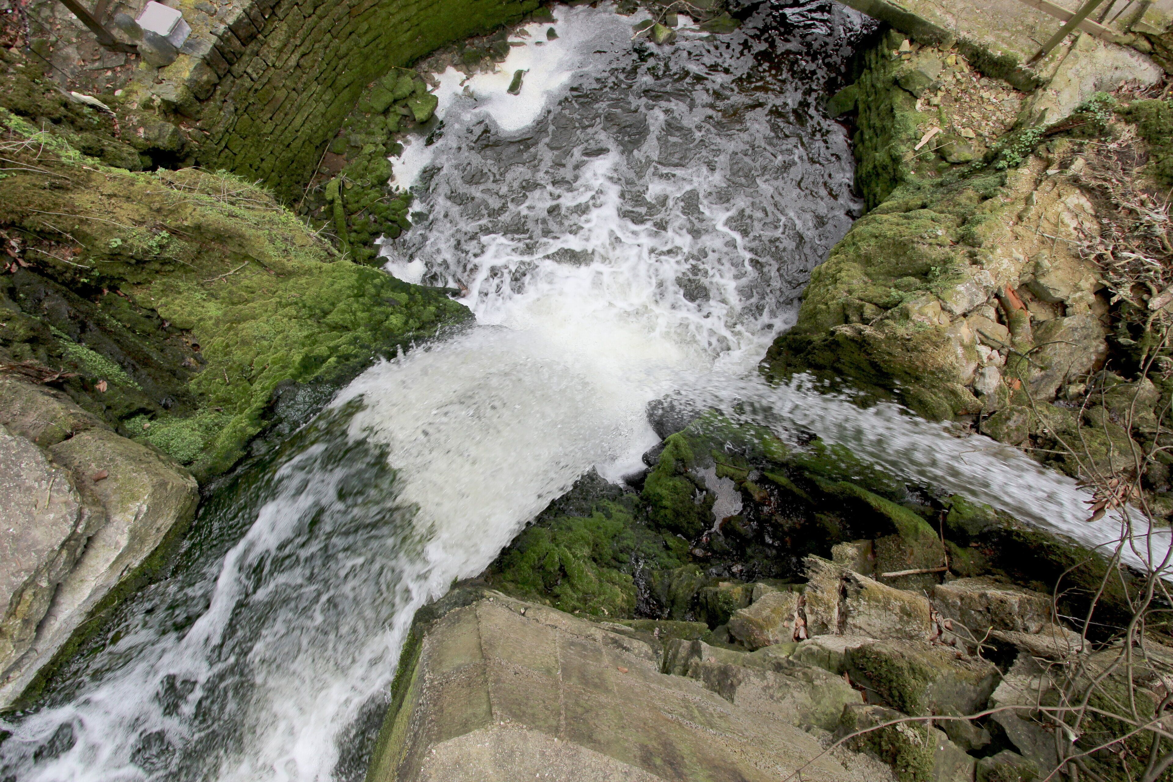 54634 Bitburg, westlich von Albach, Gewann Im gebrannten Berg. 2,5 Kilometer östlich von Bitburg erstreckt sich, zu beiden Seiten von hohen bewaldeten Hängen begleitet, eine Kalkschlucht, das Albachtal, das dem durchfließenden Albach seinen Namen verdankt. Der Bach bildet nicht weit vom Eintritt in das Tal einen schönen Wasserfall. Treppen von Natursteinen führen zu ihm hinab. Pfade durchziehen das stets feuchte Tal. Weiter unten ist die Albachschlucht erweitert. Dort stürzt das Wasser abermals als Wasserfall herab. Neben dem Wasserfall gibt es eine Mariengrotte. Aufnahme von 2018.