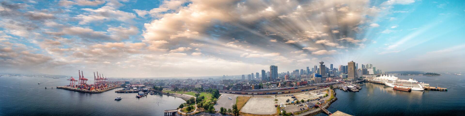 Panoramic aerial view of Vancouver skyline from Canada Place