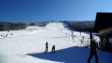 A snowy ski slope with skiers and snowboarders, a ski lift, and a forested area in the background.