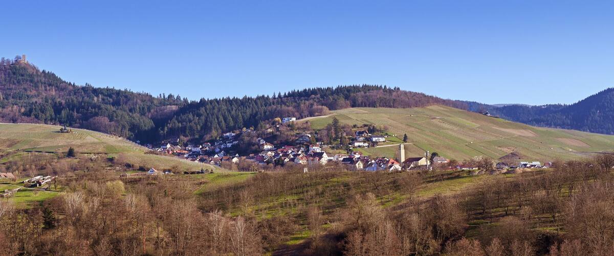 A village nestled in a valley surrounded by hills, with vineyards and a castle on a hill.