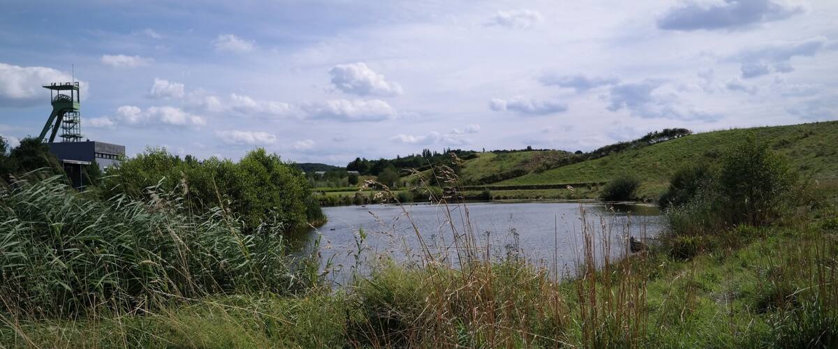 A lake surrounded by greenery and hills, with a large industrial structure on the left.