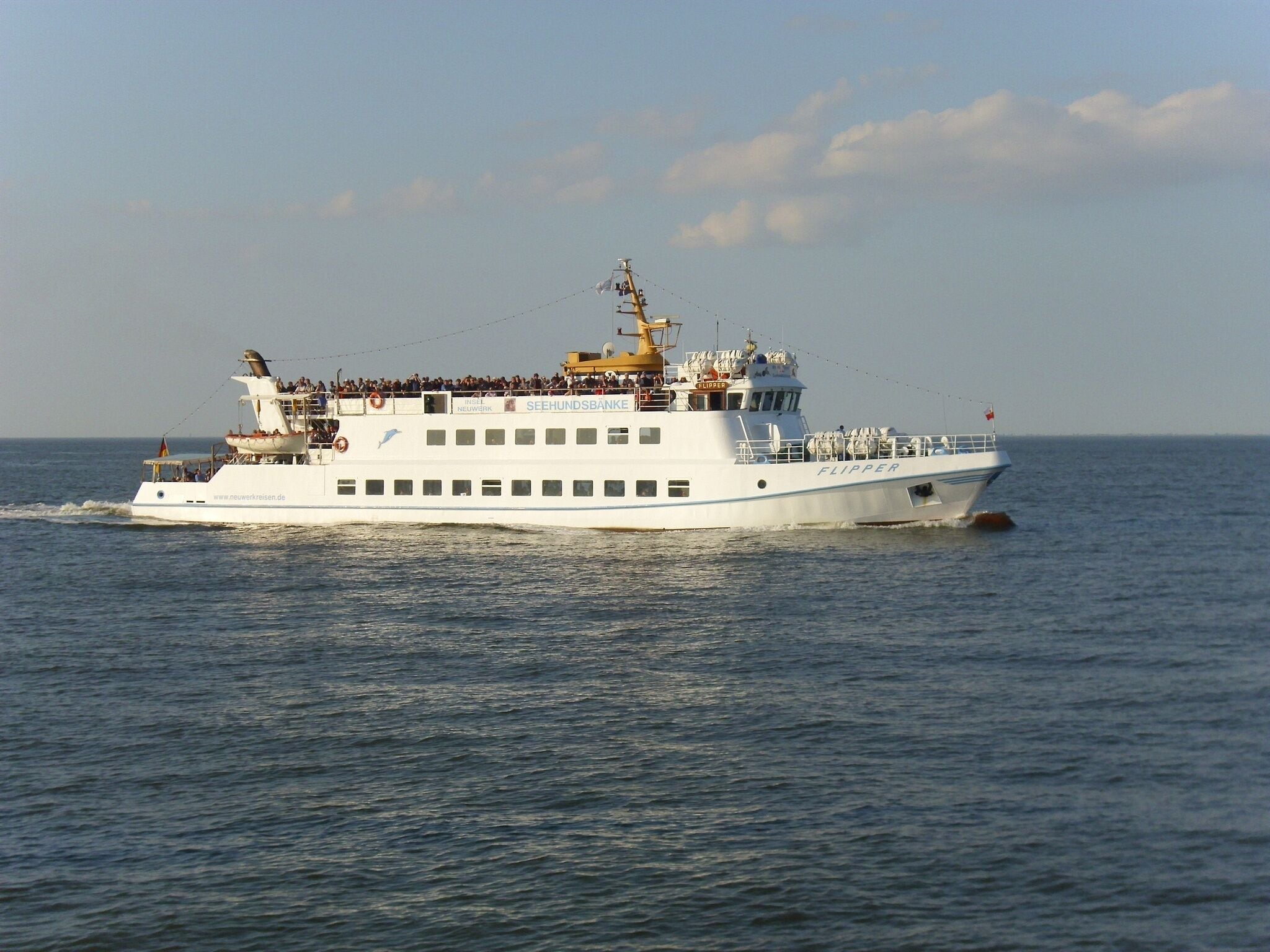 Een witte cruiseschip genaamd 'SEEHUNDSBÄNKE' met 'FLIPPER' op de zijkant, vaart over het water.