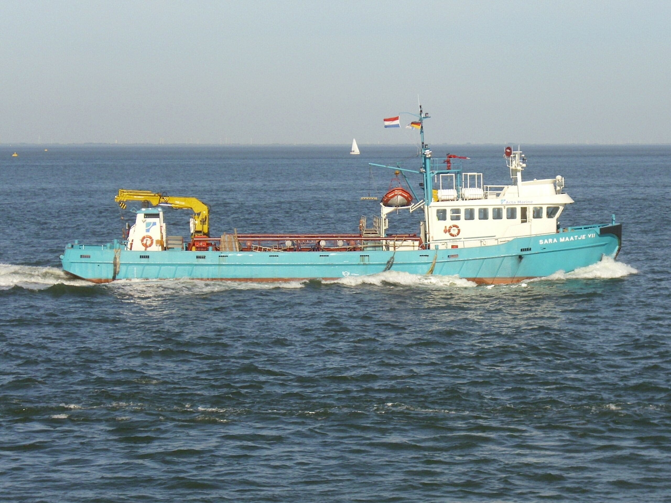 The supply and multipurpose workboat Sara Maatje VII on the Elbe river in front of Cuxhaven. Details of the ship: external website.