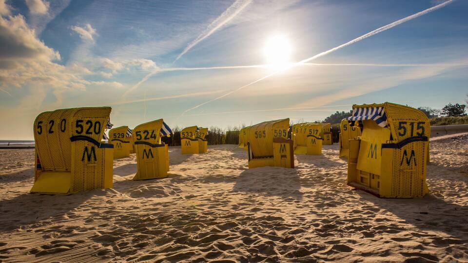 A beach with yellow beach chairs marked with numbers and letters.