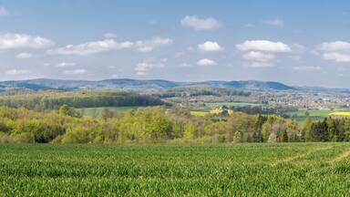 Panoramaansicht von der Leistruper-Wald-Straße Richtung Westen, im Wesentlichen LSG Südliches Lipper Bergland mit Werrehügelland und Detmolder Hügelland sowie Bielefelder Osning mit Pivitsheider Bergen